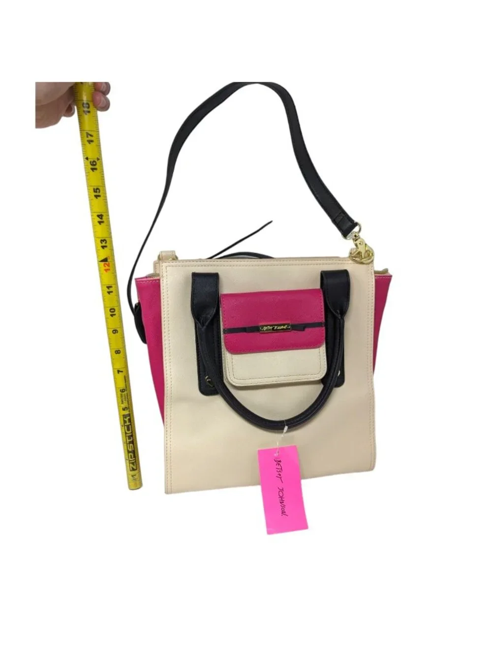 Betsey Johnson Beige Cream Pink Black Gold Handbag Satchel Crossbody Bag
